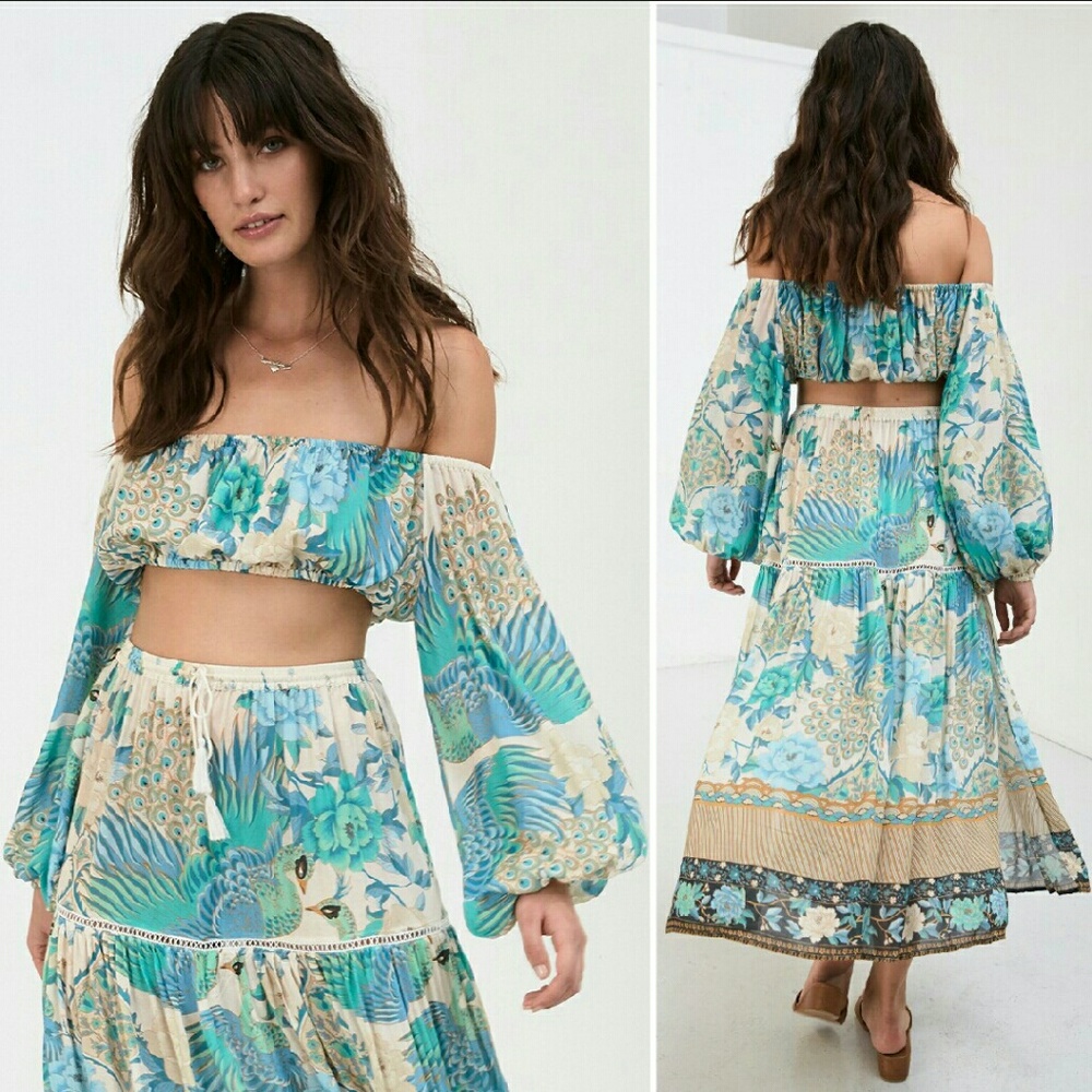 New spell designs cloud dancer off shoulder top S Small crop top peacock blue - Picture 3 of 8
